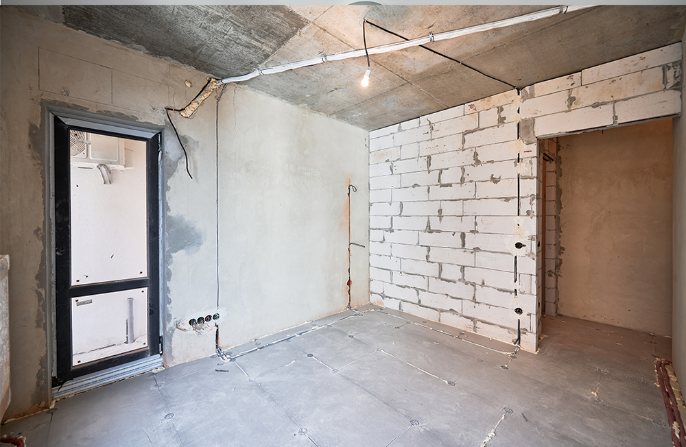 Children room with bunk bed before and after renovation. Comparison of children room with wooden bunk bed before and after restoration. Old apartment room with brick wall and new renovated flat with parquet floor and kid house bed.